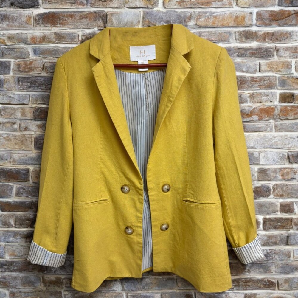 H Halston Mustard‎ Linen Blend Open Front Blazer